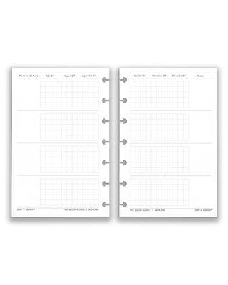 Two discbound planner pages with grid and line designs on a white background