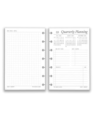 Two discbound planner pages showing open space for notes and quarterly planning on a white background.