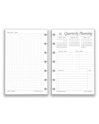 Two discbound planner pages showing open space for notes and quarterly planning with calendar.