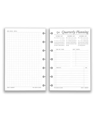 Two discbound planner pages showing open space for notes and quarterly planning with calendar.