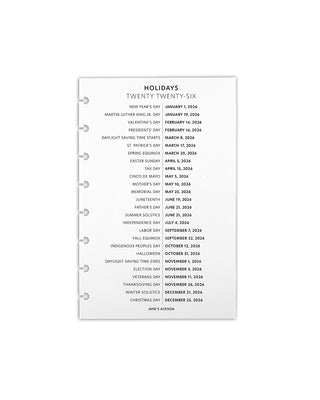 Discbound planner holiday calendar dashboard for the year 2026 on a white background