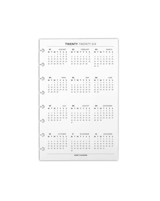 Discbound planner calendar dashboard for the year 2026 on a white background