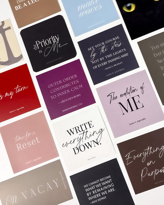 A collage of motivational quotes on various colored cards over a white background