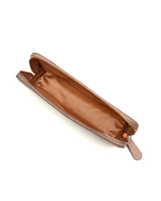 An open rose Gold Vegan leather zipper pen pouch on a white background.