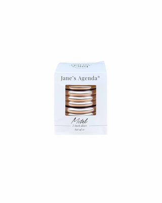 Jane's Agenda 2-inch rose gold metal discbound binding discs set of 11 in windowed packaging, large rose gold metal disc rings for discbound planner binding system