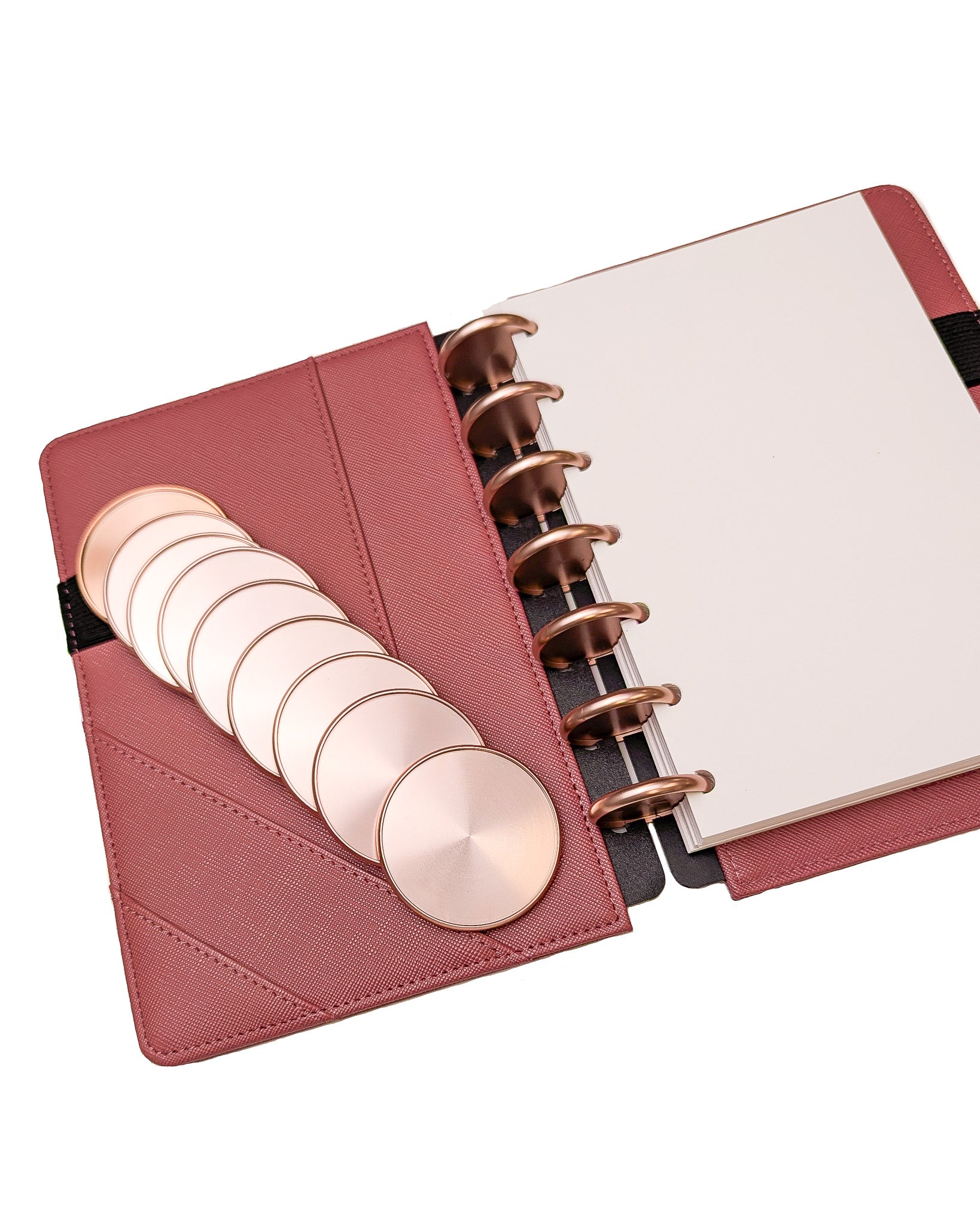 Rose gold metal planner binding discs for discbound planners and disc notebooks by Jane's Agenda.