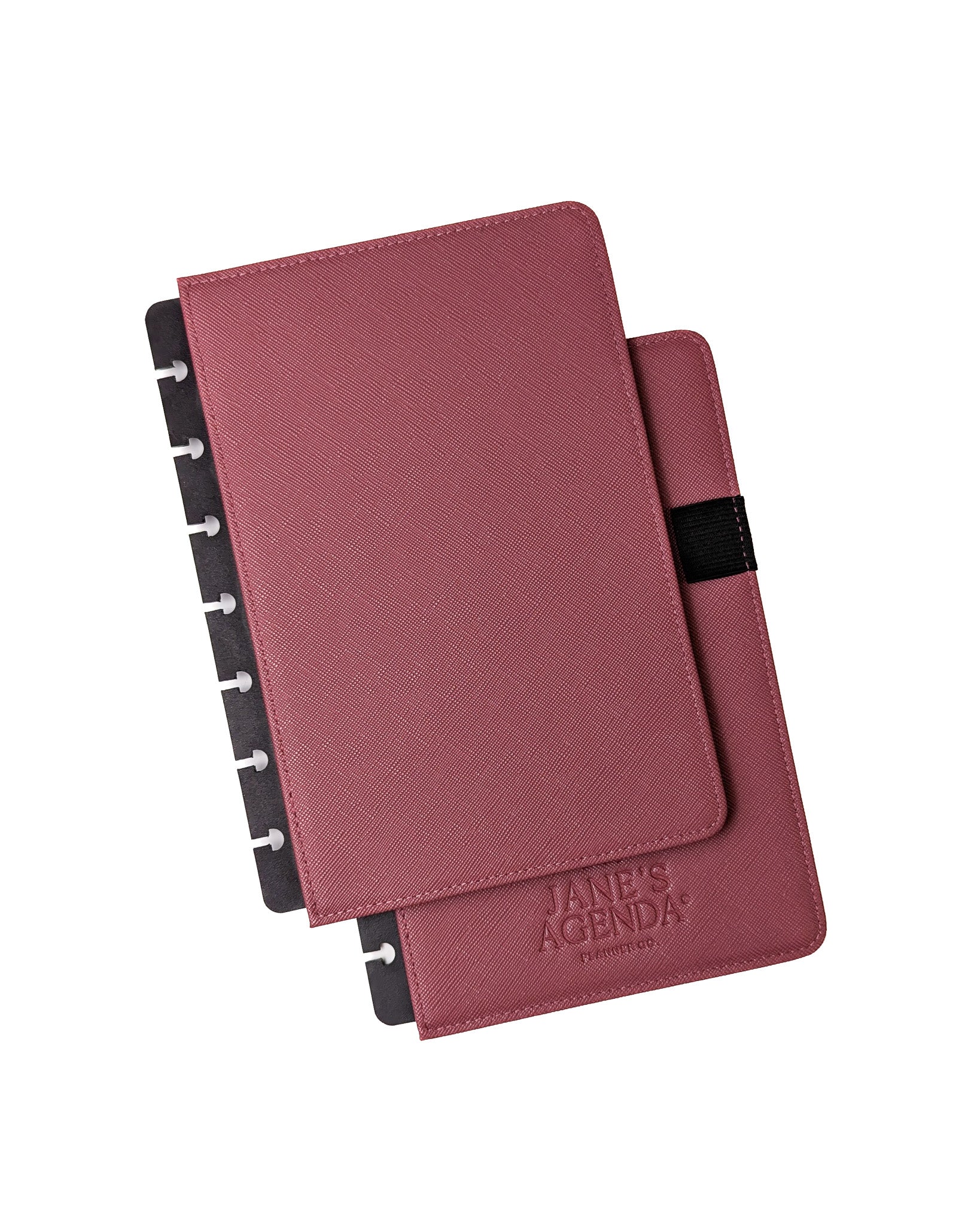 Rouge pink saffiano vegan leather discbound planner cover by Jane's Agenda.