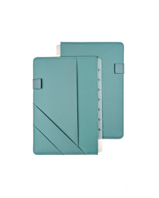 Light teal vegan leather discbound planner cover with three pockets and two elastic pen loops overlayed on a white background