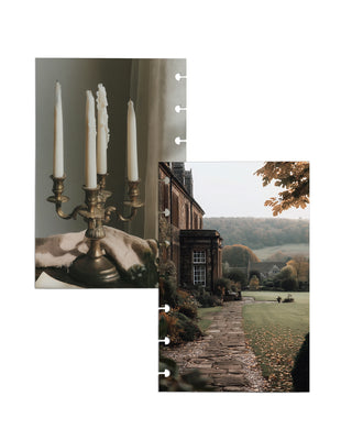 Two overlapping discbound planner dashboards displayed on a white background. One features a vintage bronze candelabra with four white taper candles beside a softly lit window, while the other showcases a historic stone manor with landscaped gardens, a winding stone pathway, and rolling autumn hills, creating a warm, timeless, cottage-inspired aesthetic.