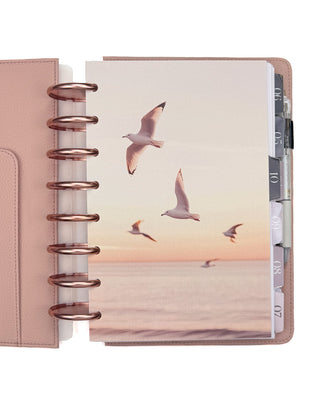Seagulls over the ocean design on a planner with Rose Gold discs and Blush Vegan Leather Cover. 