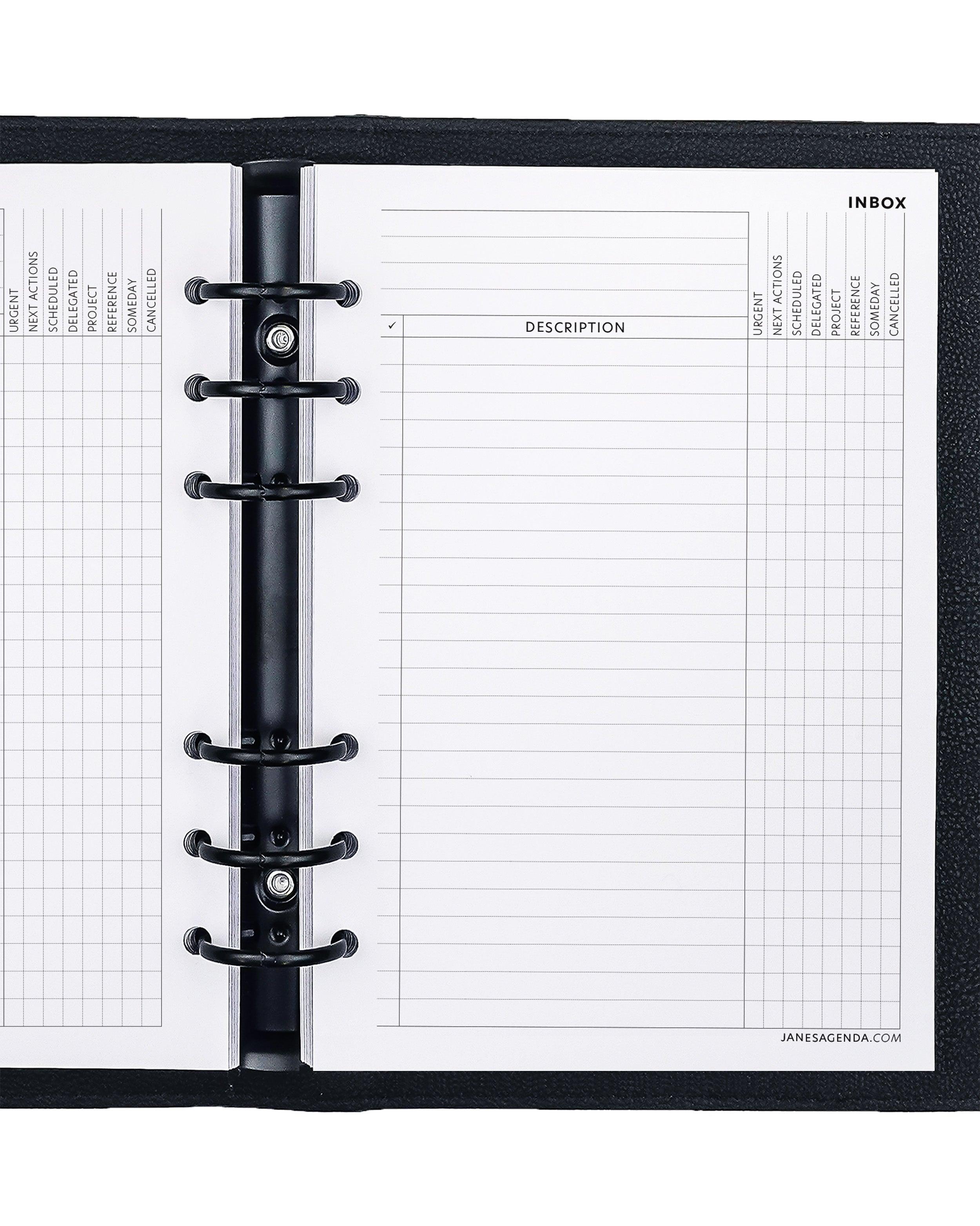 Inbox planner insert refill pages for discbound and ringbound planners and planner notebooks by Jane's Agenda.