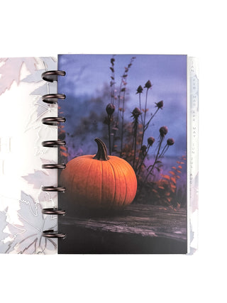 Open Jane’s Agenda discbound planner with dark metallic discs and monthly side tabs, featuring a dashboard with a large orange pumpkin against a moody blue-purple autumn landscape with silhouetted wildflowers.