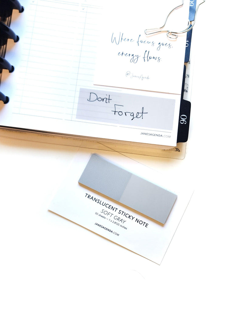 Gray Sticky notes in P.E.T. plastic for not taking and page marking in your Jane's Agenda disc and ring planners.