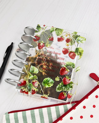 Jane's Agenda whimsical strawberry botanical clear plastic Planner Cover with quote Planner plastic Dashboard with Metal Binding Discs — Discbound Planning accessory for women