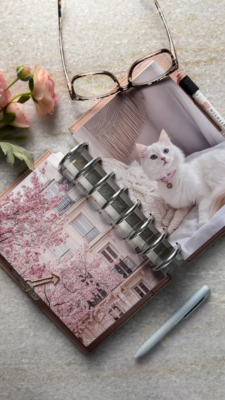 A lounging soft white cat with a pink collar dashboard and the pink cherry blossoms dashboard in a planner with silver 2 inch metal discs and the blush pink vegan leather snap cover on a marble table. 