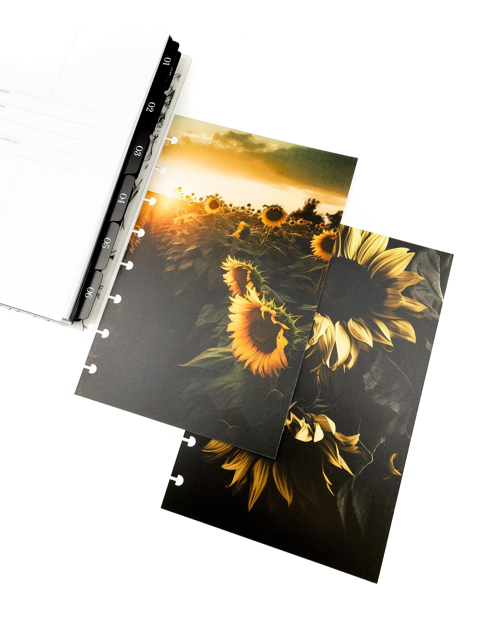 Sunflowers cardstock dashboard set for discbound and six ring planners and notebook systems by Jane's Agenda.