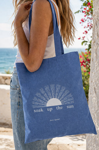 Jane's Agenda 'Soak Up the Sun' blue denim canvas Tote Bag with sunburst graphic — lightweight everyday Tote Bag for women