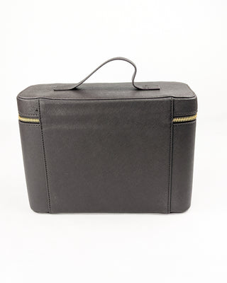 Back image of a chocolate brown vegan leather case with top handle over white backgound.