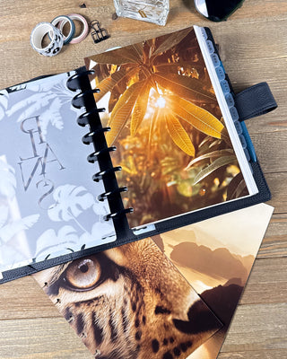 Lifestyle photo of a discbound planner opened to a tropical dashboard featuring golden sunlit leaves glowing through the trees. Coordinating dashboards with a leopard close-up and a serene island landscape are displayed beneath, while the planner is styled on a wooden desk with black discs, sunglasses, washi tape, perfume, and desk accessories for a warm, tropical planning aesthetic.
