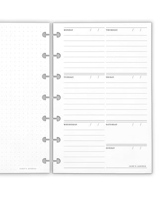 Undated Weekly Planner Insert pages for discbound planner systems that feature an undated weekly spread on one page by Jane's Agenda.