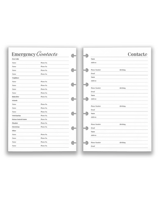 family emergency contacts and address book disc-bound planner inserts — organized sections for neighbors, schools, babysitter, vet, and household service providers, address book planner inserts, family contacts tracker, discbound