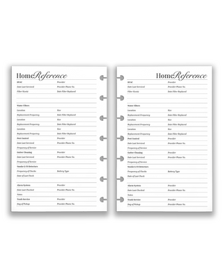 Home management discbound planner insert for tracking household maintenance — Home Reference pages with provider contacts and service dates for all major home systems, home maintenance tracker, organizer