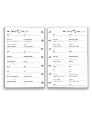 Disc-bound planner insert for tracking vehicle information —  Vehicle Reference sheet with fields for insurance, registration, and maintenance records, car maintenance tracker, auto organizer