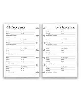 Disc-bound planner insert for tracking family clothing and shoe sizes — Clothing & Sizes reference sheet with fields for multiple people, family planner insert, gift planning
