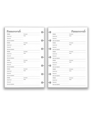 Disc-bound password keeper, password tracker planner insert — Passwords log sheet with fields for website, username, email, password, and date last updated, login organizer, organize website login information