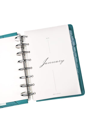an open discbound planner on silver metal discs and tabbed dividers, and one sheet of white vellum paper with a design of black cursive font that says January over a white background