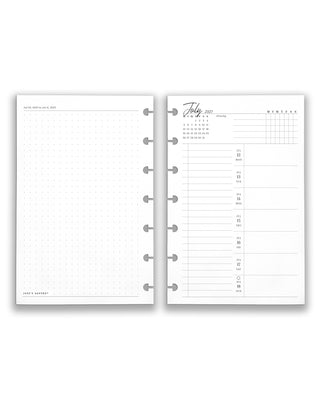 Discbound dated weekly planner insert and refill pages. Week on one page July 2026 to December 2027.