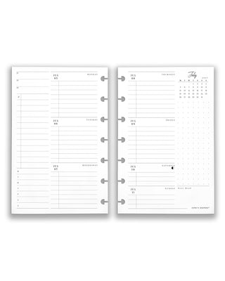 Featuring weekly planner insert and refill pages for discbound planners and notebooks, in a mini size on a white background. 