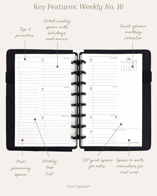 Weekly No. 16 infographic featuring, Priorities space, dated two page layout with holidays and moons, quick glance monthly calendar, meel planning, task list, and reminders space.
