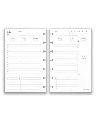 Featuring weekly planner insert and refill pages for discbound planners and notebooks, in a mini size on a white background. 