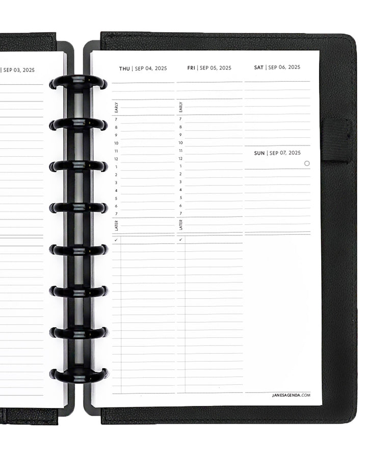 Weekly calendar planner insert refill pages for discbound planners, disc notebooks, and A5 size planner binder systems by Jane's Agenda.
