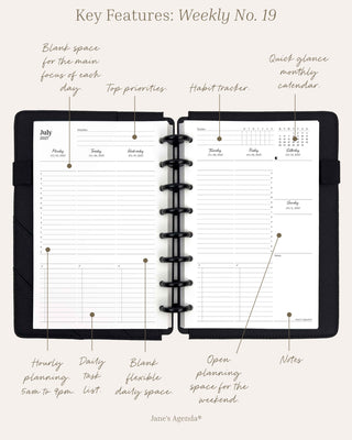 Weekly No. 19 infographic featuring hourly planning, daily task list, space for notes, habit tracker, monthly quick glance, and a priorities section. 