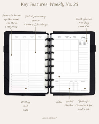 Weekly No. 23 infographic featuring space to break up the week into three categories, dated week on two pages with moons and holidays, quick glance monthly calendar, task lists, habit tracker, notes space, and next week reminders. 