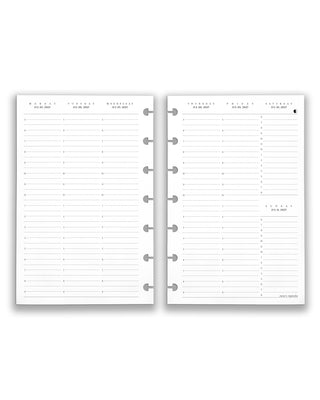 Featuring weekly planner insert and refill pages for discbound planners and notebooks, in a mini size on a white background. 