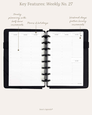Weekly No. 27 infographic that features the ability to plan to the half hour, dated with moons and holidays, and hourly weekend planning. 