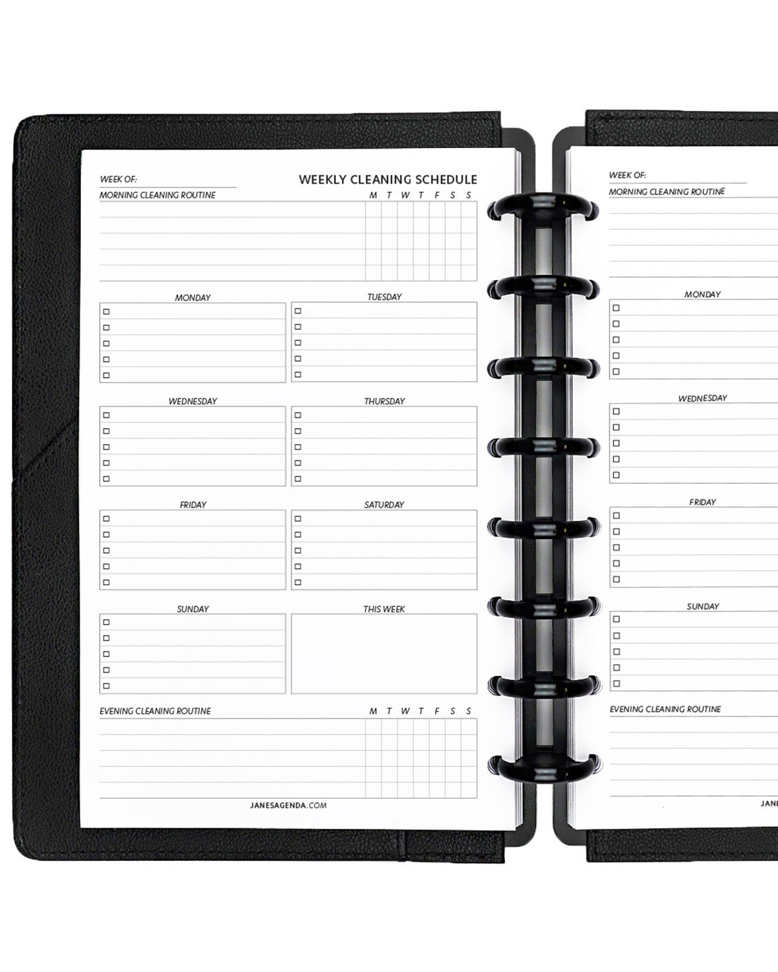 Weekly cleaning routine planner insert refill pages for discbound planners, disc notebooks, and A5 planner binders by Jane's Agenda.