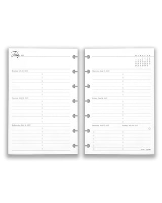 Featuring weekly planner insert and refill pages for discbound planners and notebooks, in a mini size on a white background. 