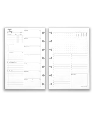 Featuring weekly planner insert and refill pages for discbound planners and notebooks, in a mini size on a white background. 