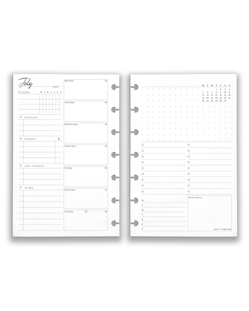Featuring weekly planner insert and refill pages for discbound planners and notebooks, in a mini size on a white background. 