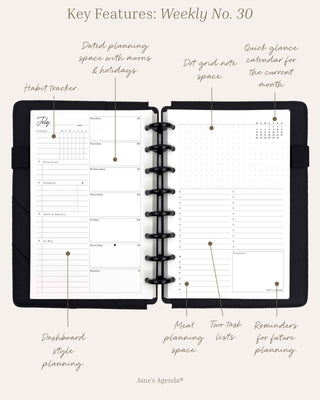 Weekly No. 30 infographic featuring a habit tracker, dashboard style planning section, dated planning with moons and holidays, dot grid space for notes, quick glance calendar, meal planning, two task lists, and a reminders section for future planning.