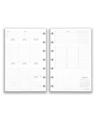 Featuring weekly planner insert and refill pages for discbound planners and notebooks, in a mini size on a white background. 