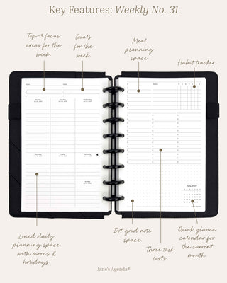 Weekly No. 31 infographic that features top three focus area, goals for the week section, meal planning space, habit tracker, lined daily planning space with moons and holidays, quick glance calendar, dot grid space for notes, and three task lists. 