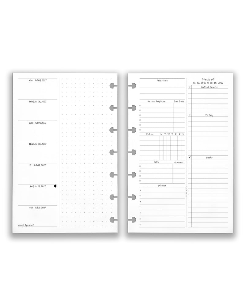 Featuring weekly planner insert and refill pages for discbound planners and notebooks, in a mini size on a white background. 
