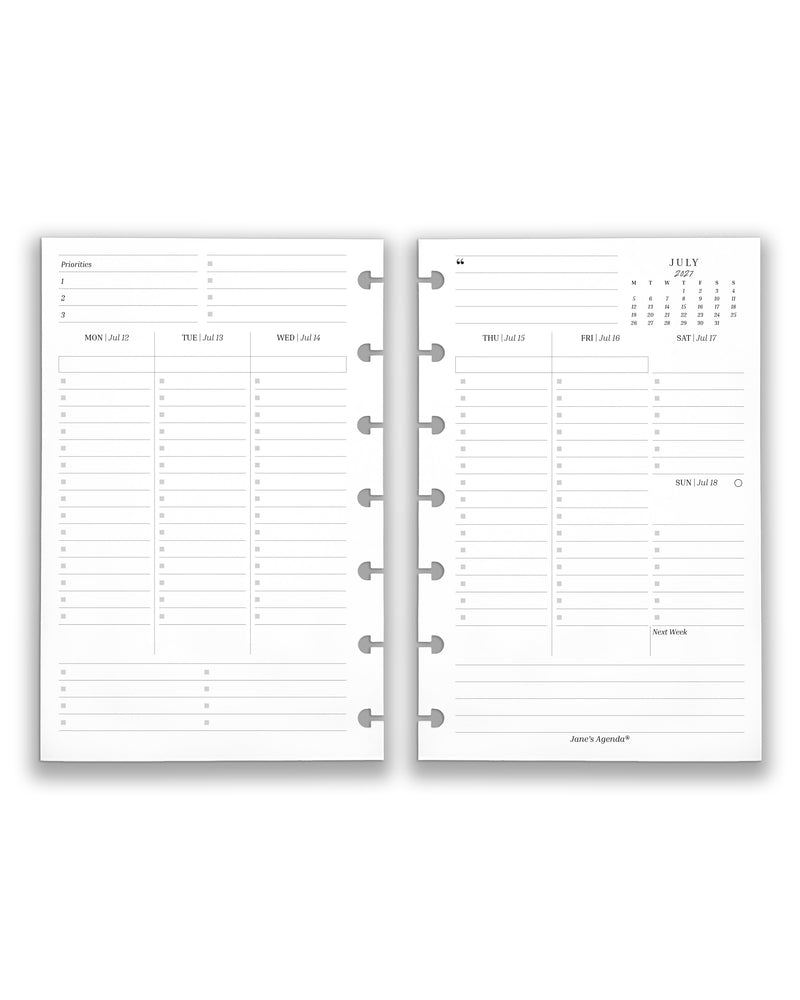Featuring weekly planner insert and refill pages for discbound planners and notebooks, in a mini size on a white background. 
