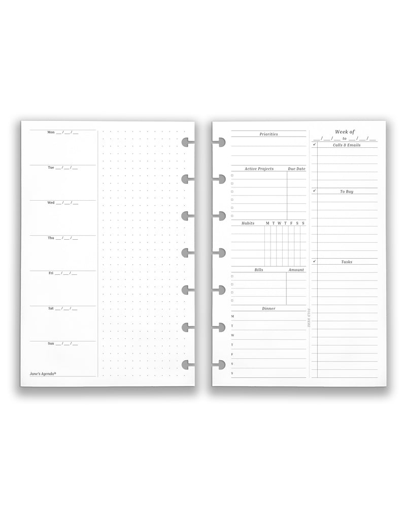 Featuring weekly planner insert and refill pages for discbound planners and notebooks, in a mini size on a white background. 