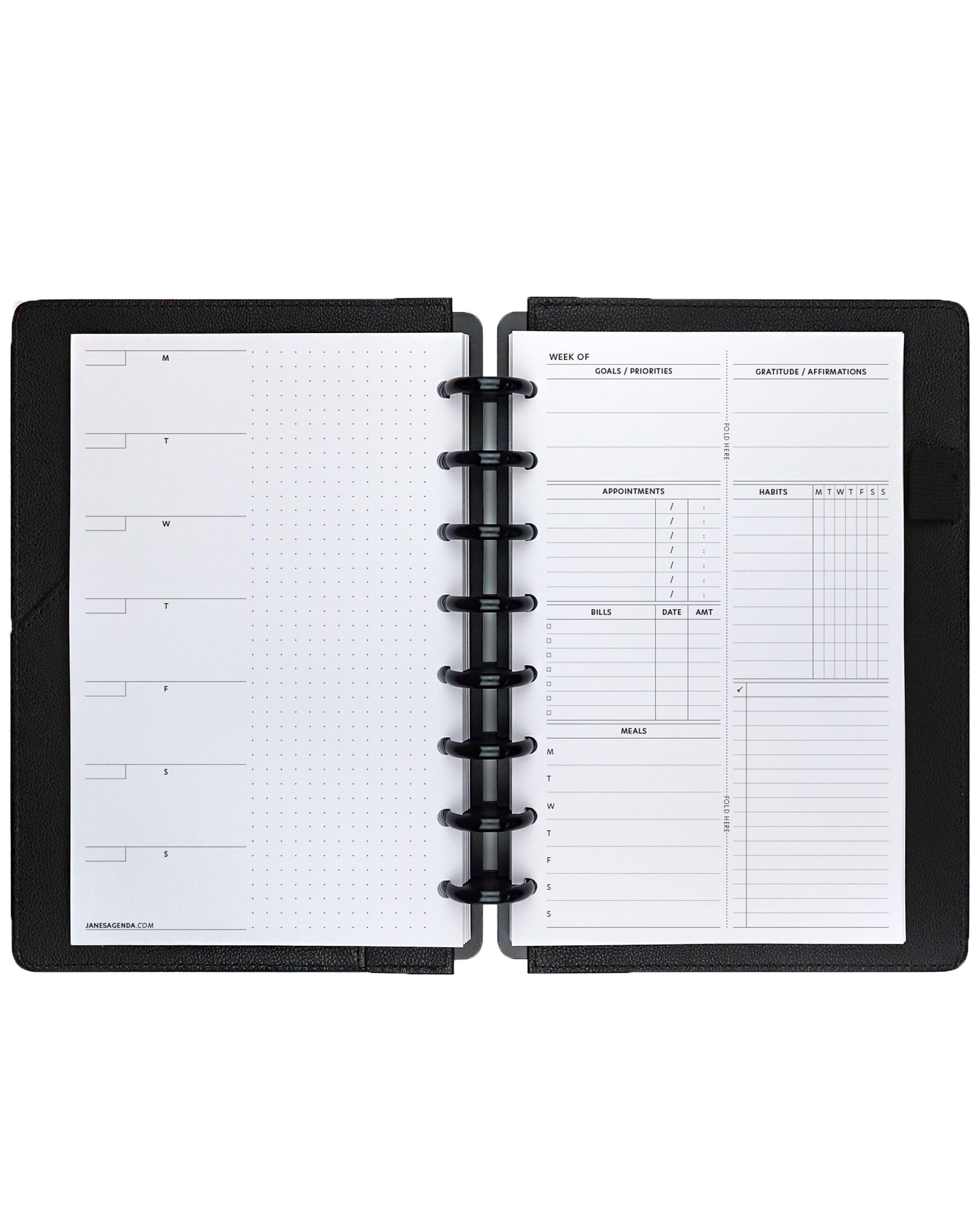 Weekly hbrrid dashboard planner insert for discbound and ringbound planner systems by Jane's Agenda.